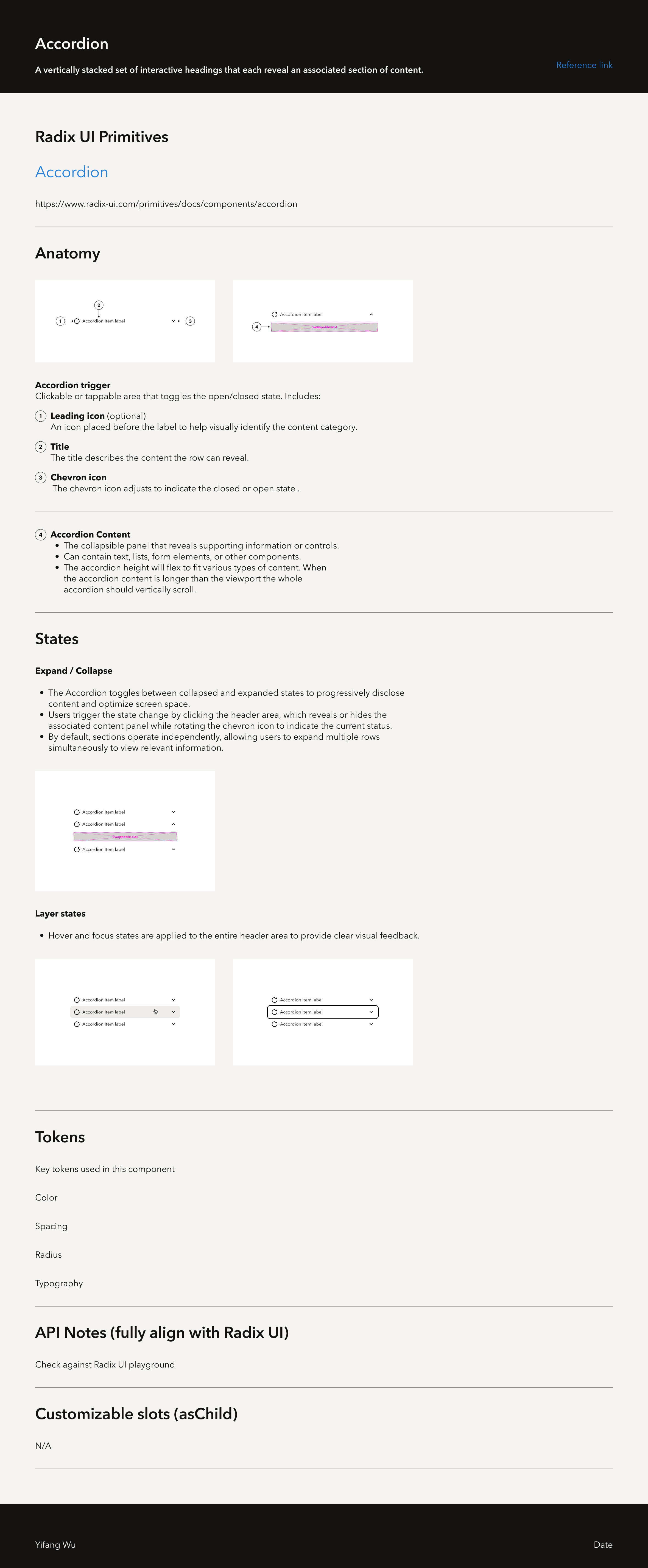 Accordion design spec showing controls, states, and behavior