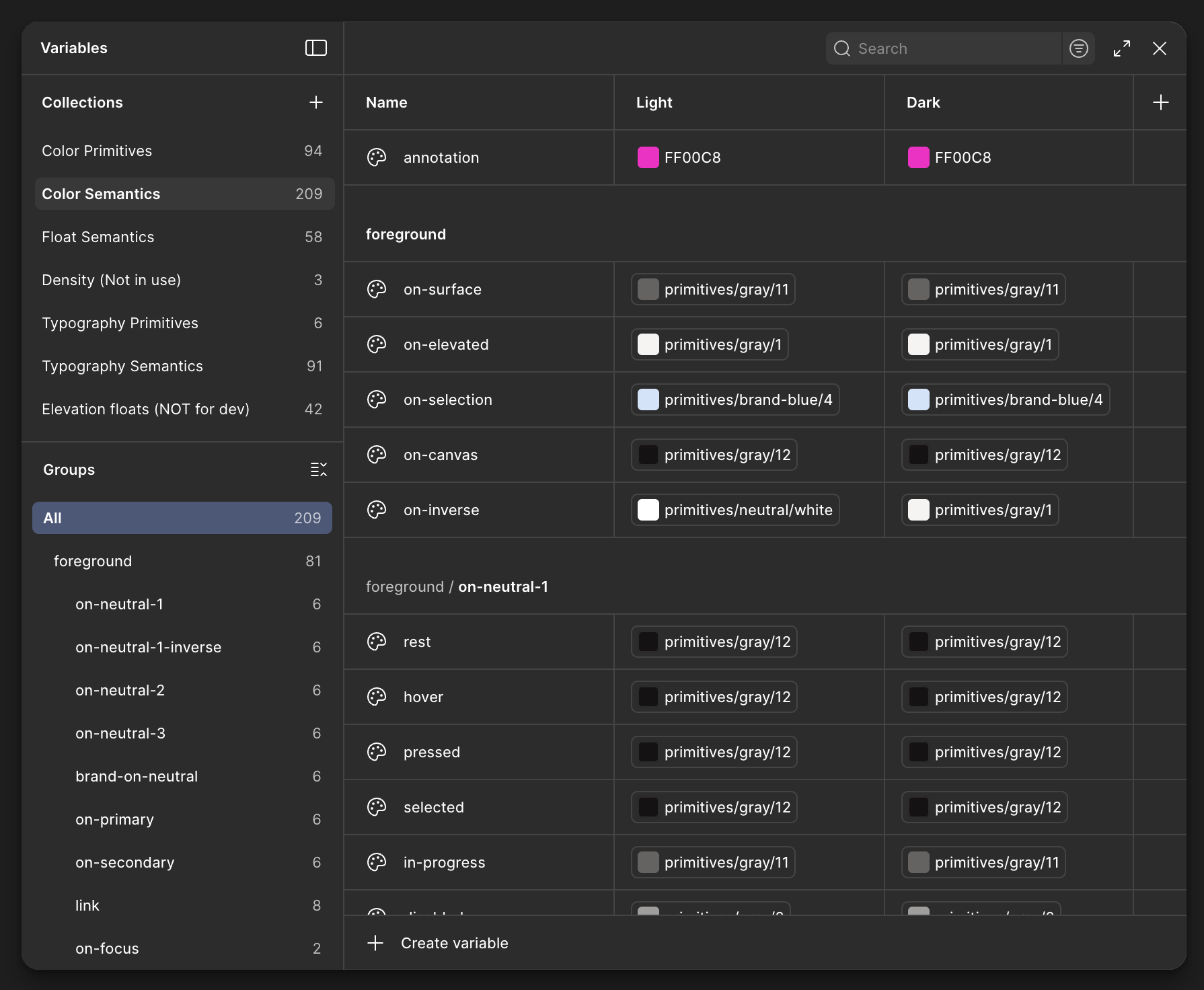 Figma Variables panel with token collections