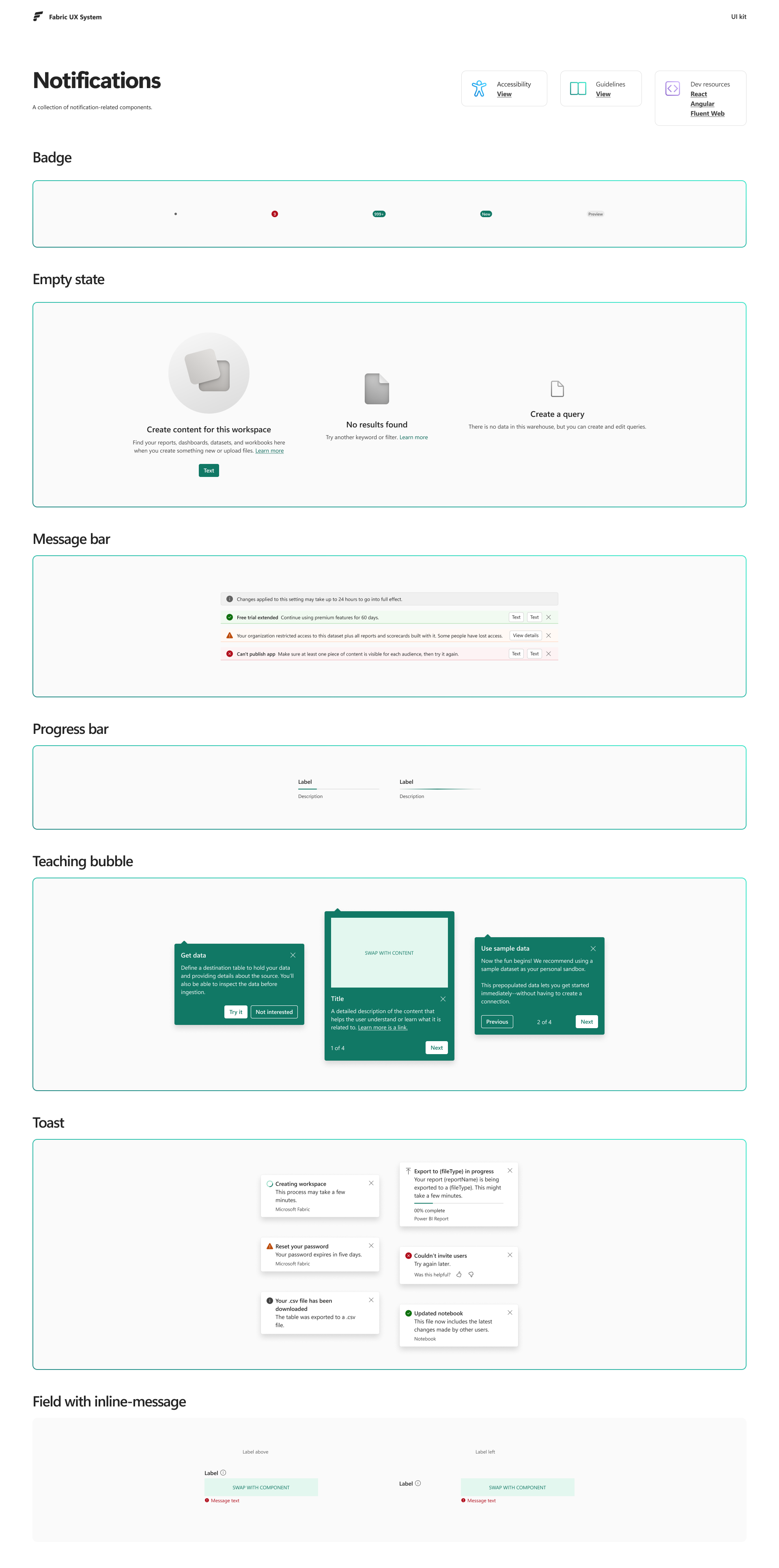 Notification component gallery (toast, inline, message bar and related patterns)