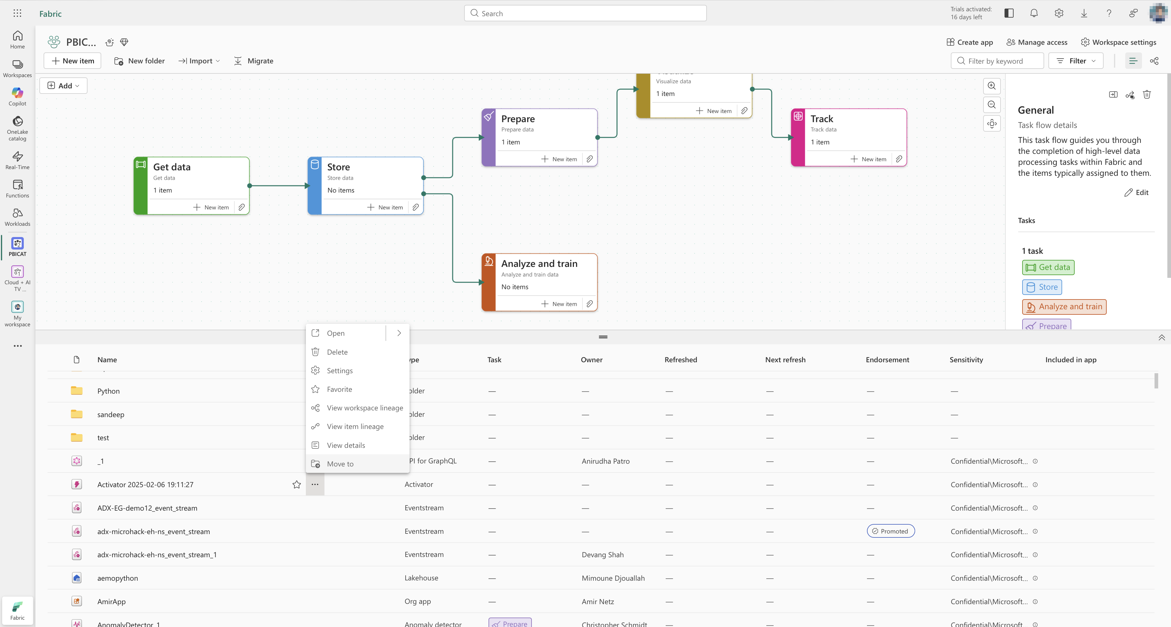 Contextual menu in workspace main view