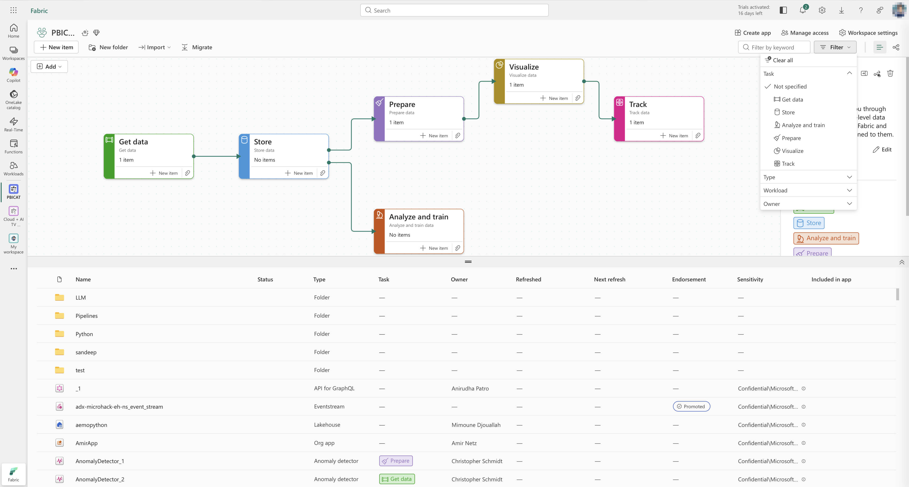 Workspace task flow filter menu variant with additional options