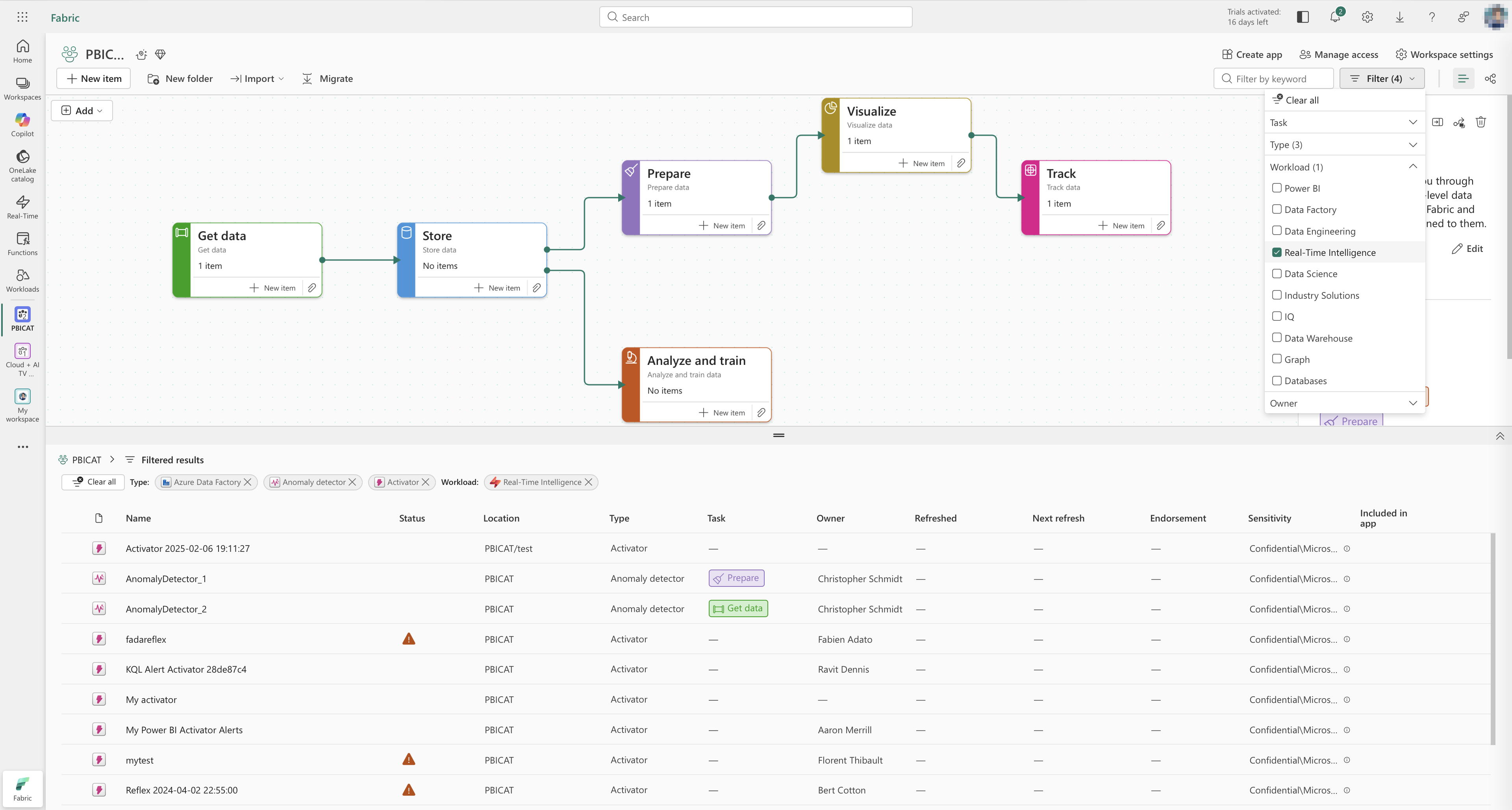 Workspace task flow filter menu